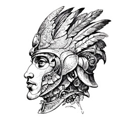 The head of a man in a futuristic Gothic helmet with feathers.