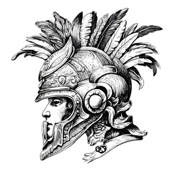 The head of a man in a futuristic Gothic helmet with feathers.