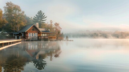 Obraz premium A tranquil lakeside retreat with a luxury cabin, wooden dock, and mist rising from the calm waters at sunrise
