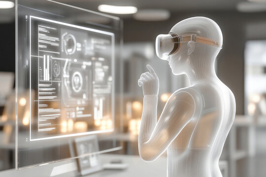 Geschlechtsneutrale transluzente Figur mit VR-Headset in futuristischer High-Tech-Umgebung