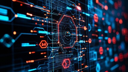 Obraz premium Cybersecurity system with illuminated screens, geometric design, high-quality, close-up,