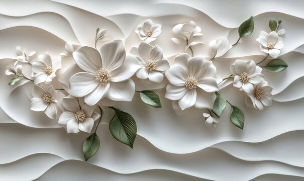 Abstract Floral 3D Tiles Wall Texture with Digital Flowers and Leaves Modern Artistic Design, Elegant Nature-Inspired Interior Decoration Ideal for Contemporary Home Decor and Aesthetic, Generative AI