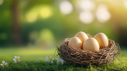 Obraz premium Freshly laid eggs in a natural nest on green grass
