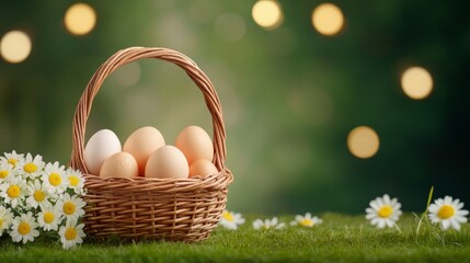 Easter eggs in a wicker basket surrounded by flowers