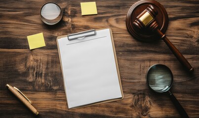 Detailed preparation for personal injury claims with notepad, pen, magnifying glass, and sticky note on a wooden desk highlighting legal documentation, Generative AI