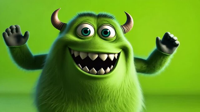 Cheerful green monster with horns making funny face