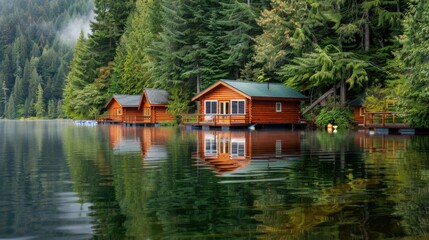 Fototapeta premium A tranquil lakeside retreat with wooden cabins and calm waters, Nature setting with peaceful relaxation, Tranquil style