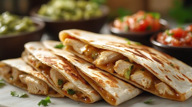Mini chicken quesadillas on a marble countertop, with crispy tortillas and melted cheese, served with bowls of salsa and guacamole,