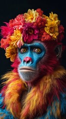 Anthropomorphic Baboon Clown Portrait in Colorful Costume with Makeup, Combining Animal and Human Characteristics for Halloween, Circus, or Artistic Concept, Generative AI