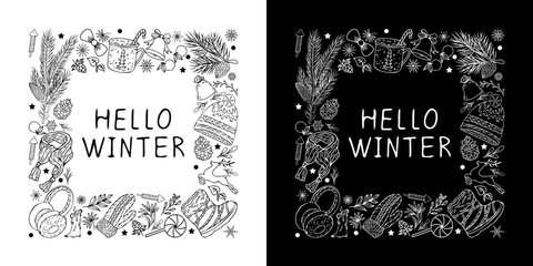 Christmas wreath. Vector illustration of winter pattern with isolated elements. Hand elements. Background for greeting card design, holiday decor.