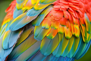 Obraz premium The vivid plumage of a tropical parrot showcases brilliant shades of red, orange, yellow, and blue, creating a striking display against the natural greenery