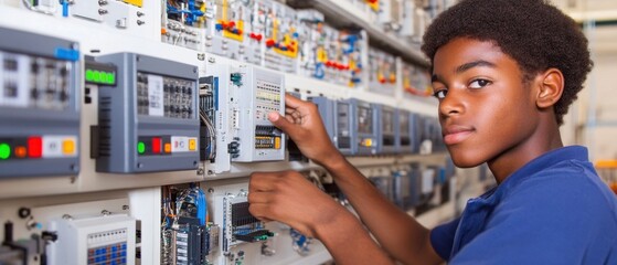 Black male student testing programmable logic controllers in a well-equipped workshop environment exploring automation processes