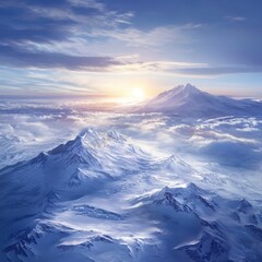 Majestic Snowy Mountain Range at Sunrise - Aerial View