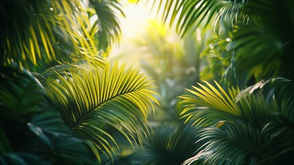 Lush Tropical Setting with Vibrant Green Palm Leaves in Bright Sunlight
