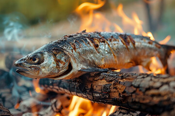 A whole fish is being grilled over an open flame on a log, with flames and smoke rising, capturing the essence of outdoor cooking and summer gatherings