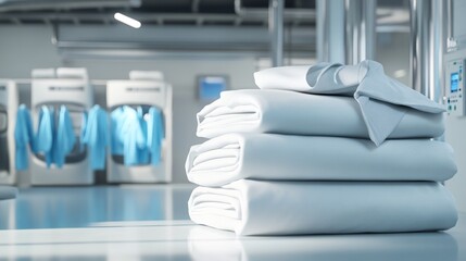 Stacked Clean White Sheets in a Laundry Room with Washing Machines in the Background