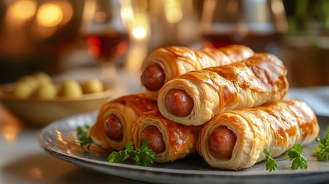 Pigs in a blanket on a marble countertop, with mini sausages wrapped in golden puff pastry and served with mustard, - Powered by Adobe
