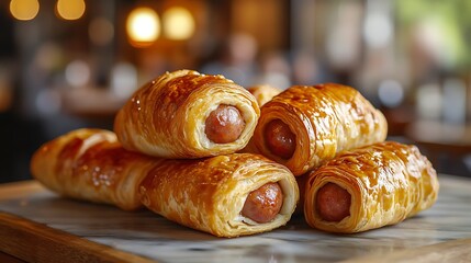 Pigs in a blanket on a marble countertop, with mini sausages wrapped in golden puff pastry and served with mustard,