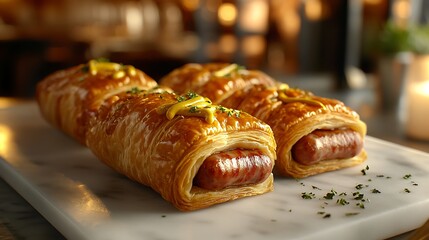 Pigs in a blanket on a marble countertop, with mini sausages wrapped in golden puff pastry and served with mustard,