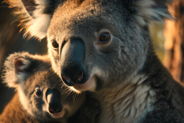 Obraz premium A mother koala lovingly cradles her young joey, showcasing their tender bond in the soft light of evening within an Australian forest