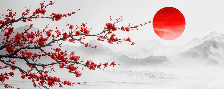 serene landscape featuring red plum blossoms against tranquil backdrop
