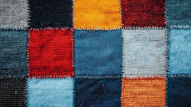 Close up of colorful patched fabric showcasing diverse textures and patterns