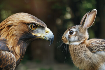 Fototapeta premium A golden eagle and a rabbit face each other in a tranquil forest, capturing a moment of tension in nature as the evening light filters through the trees