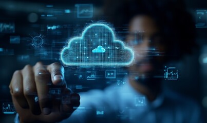 Fototapeta premium Executive Implementing Cloud-Based ERP System for Business Management Efficiency Through a Smart Interactive Interface, Generative AI