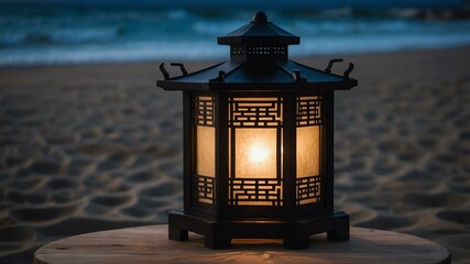 aesthetic decorative black japanese lantern in a wooden table on night beach background. bokeh style