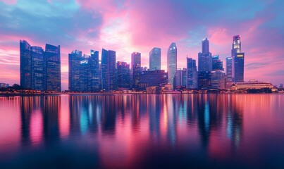 Fototapeta premium Breathtaking Urban Skyline at Dusk with Illuminated Skyscrapers and Vibrant City Lights Reflecting in Water, Capturing Dynamic and Captivating City Living, Perfect for Modern Cityscape, Generative AI