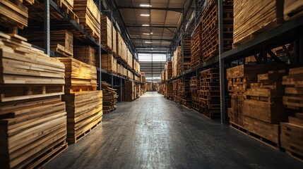 Fototapeta premium Industrial Warehouse with Stacked Wooden Pallets and Shelves in a Spacious Interior