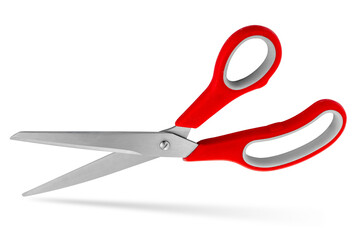 Stainless steel scissors with red plastic handles isolated