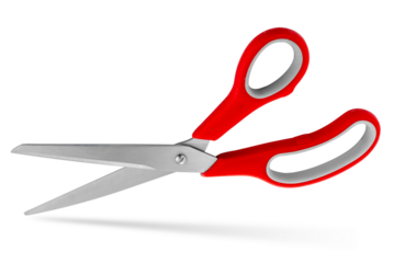 Stainless steel scissors with red plastic handles isolated
