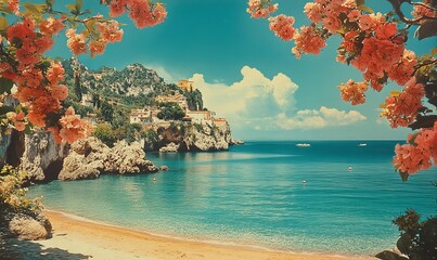 Vintage 1970s Italian Coastal Landscape with Sunny Beach and Blooming Flowers, Retro Postcard Vibes, Summer Day, Tranquil Seaside Scenery, Historical Mediterranean, Generative AI