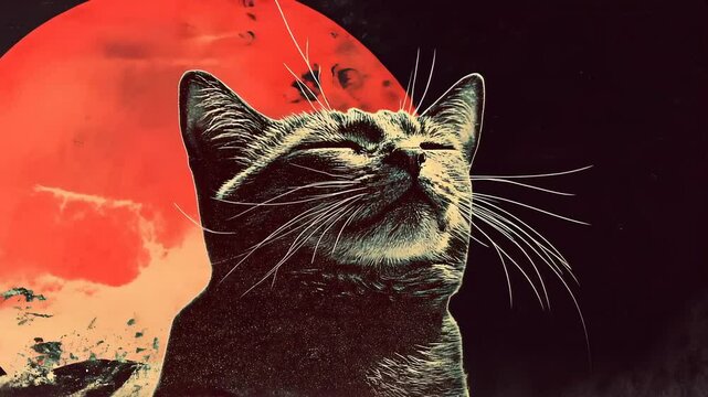 majestic cat basking in red moonlight art