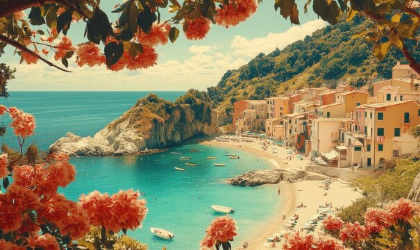 Vintage 1970s Italian Coastal Landscape with Sunny Beach and Blooming Flowers, Retro Postcard Vibes, Summer Day, Tranquil Seaside Scenery, Historical Mediterranean, Generative AI
