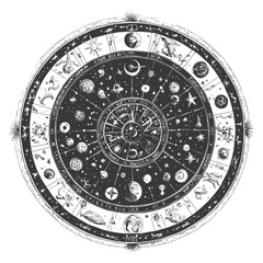 Fototapeta premium Circular Celestial Map with Zodiac Signs and Stars