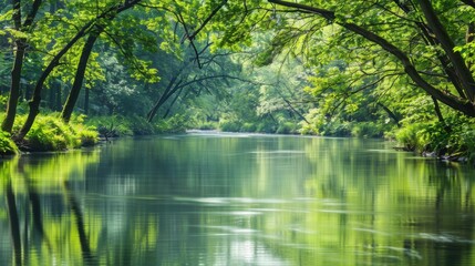 Fototapeta premium A tranquil river with flowing water, outdoor setting with overhanging trees, Serene style