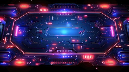 Vibrant circuit board pattern illuminated with neon colors against a dark background
