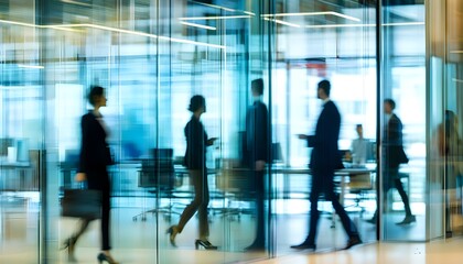 Dynamic corporate office ambiance with blurred movement of professionals behind glass walls