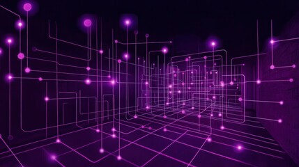 Obraz premium A digital matrix of AI-driven circuits and data pathways, with bright neon lights forming a complex network pattern against a dark gradient background.