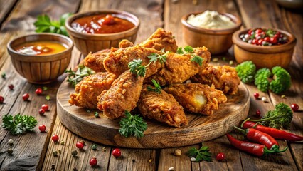 Fototapeta premium Delicious Tilt-Shift Photography of Crispy Fried Chicken Wings for Food Lovers and Culinary Enthusiasts