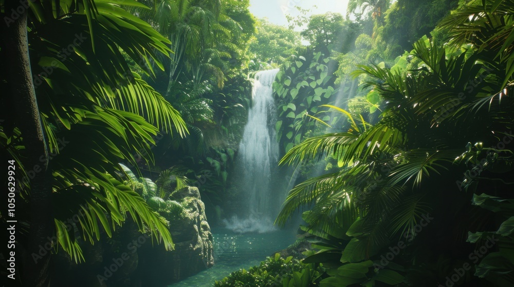 Poster a tranquil view of a hidden waterfall in a dense rainforest with lush green vegetation and crystal-c