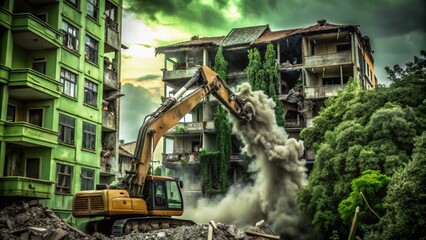 Fototapeta premium Demolition of Old Turkish Apartments in Istanbul with Excavator and Hydraulic Crusher
