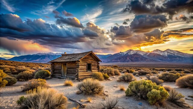 Derelict Log Cabin on Nevada Pony Express Trail - Panoramic View of Rustic Wilderness