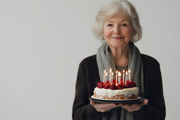 Portrait of Elderly woman holding cake with candles celebrating birthday isolated on background