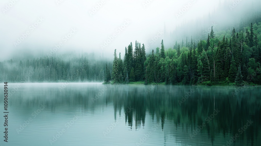 Poster a tranquil view of a secluded lake in canada with lush pine forests surrounding it and a misty morni