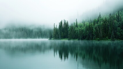 A tranquil view of a secluded lake in Canada with lush pine forests surrounding it and a misty morning fog, serene setting with soft greens and blues, Wilderness style