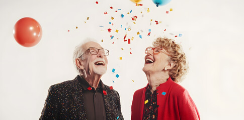 Senior couple celebrating birthday at the party, with confetti and balloons
