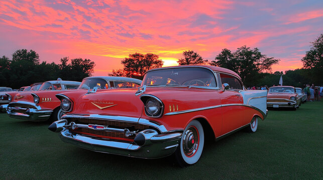 Fototapeta Visually Striking Background With Classic Cars Lined Up At A Vintage Car Show, Set Against A Sunset Sky, Highlighting The Beauty And History Of Automotive Design